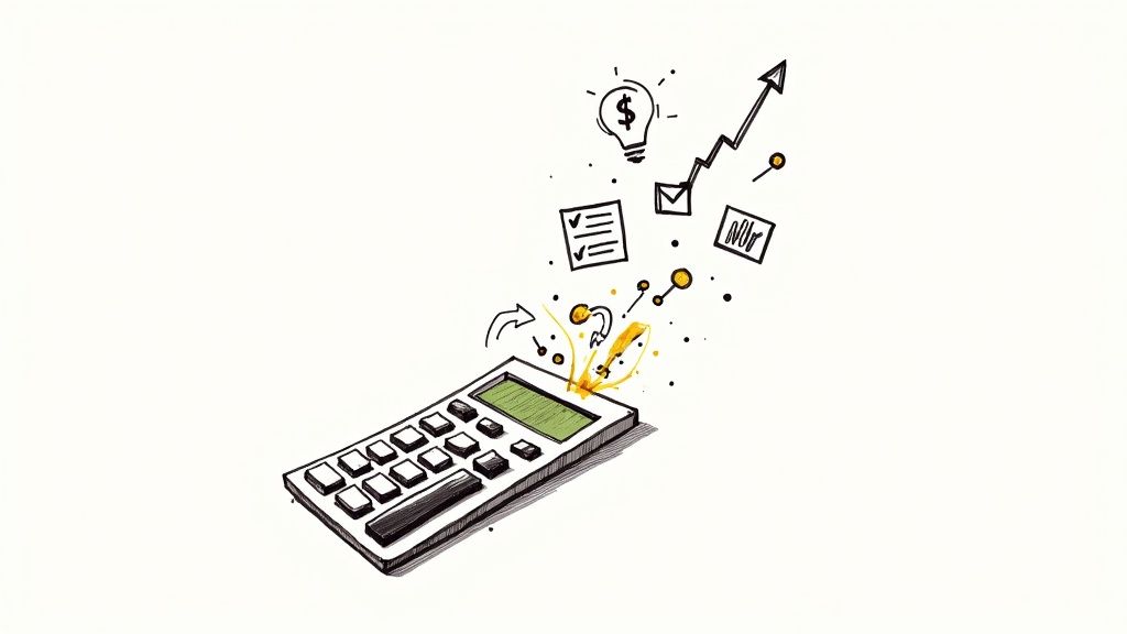 An illustration of a calculator generating financial ideas, tasks, and business growth through various icons.