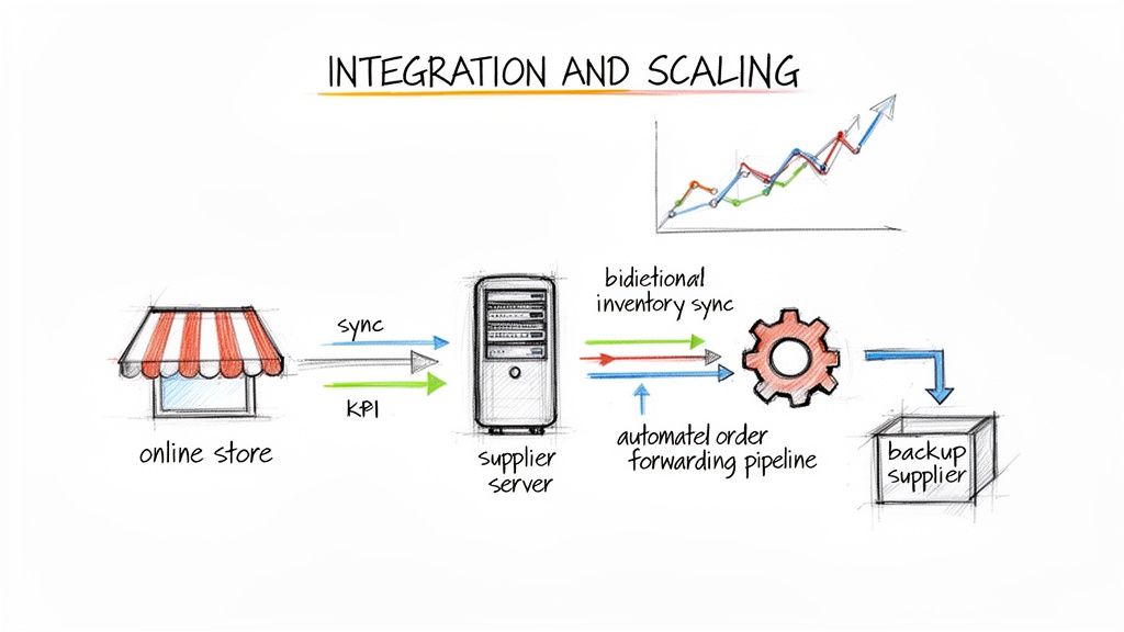 Diagram showing online store integration with supplier server, automated order forwarding, and backup supplier for scaling.