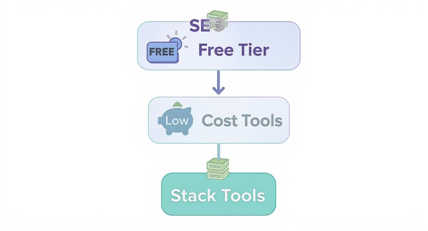 Flowchart illustrating a strategy for SEO tools, progressing from free tier to low-cost and stacked tools.