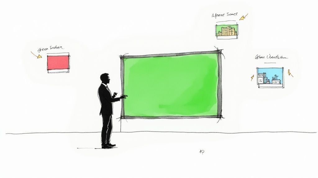 Sketch of a businessman presenting in front of a large green screen with virtual background options.