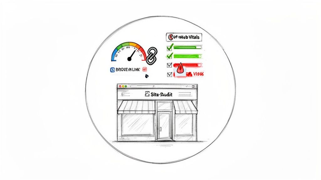 Hand-drawn site audit dashboard with performance metrics, Core Web Vitals, and broken link issues.
