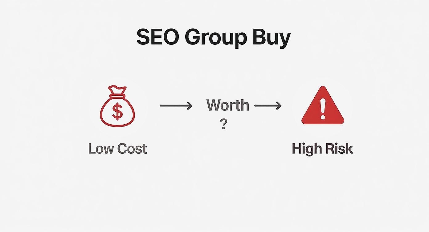 An infographic decision tree showing how the low cost of an SEO group buy is balanced against its high risk, leading to the question of whether it's worth it.
