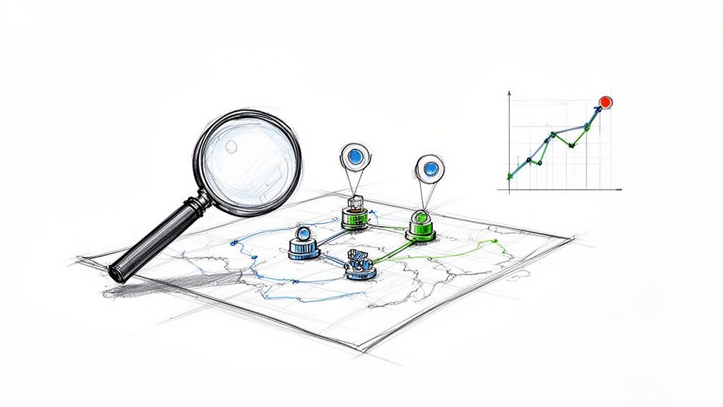 A magnifying glass over a map with interconnected points and a rising graph, symbolizing strategic analysis and growth.
