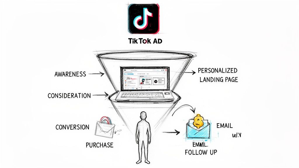 A diagram illustrating a TikTok ad marketing funnel from awareness to purchase and email follow-up.