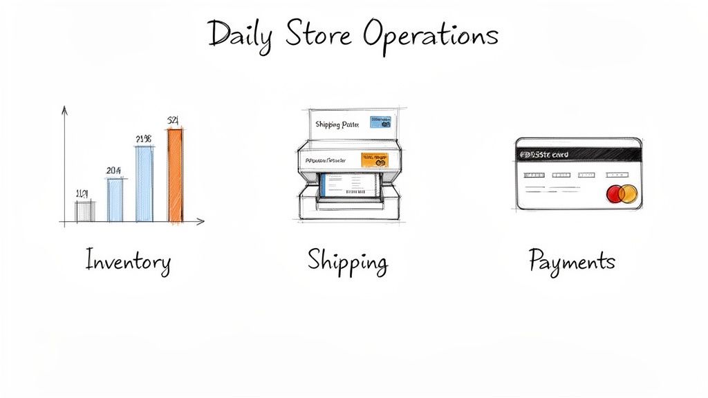Hand-drawn icons illustrating daily store operations like inventory, shipping, and credit card payments.