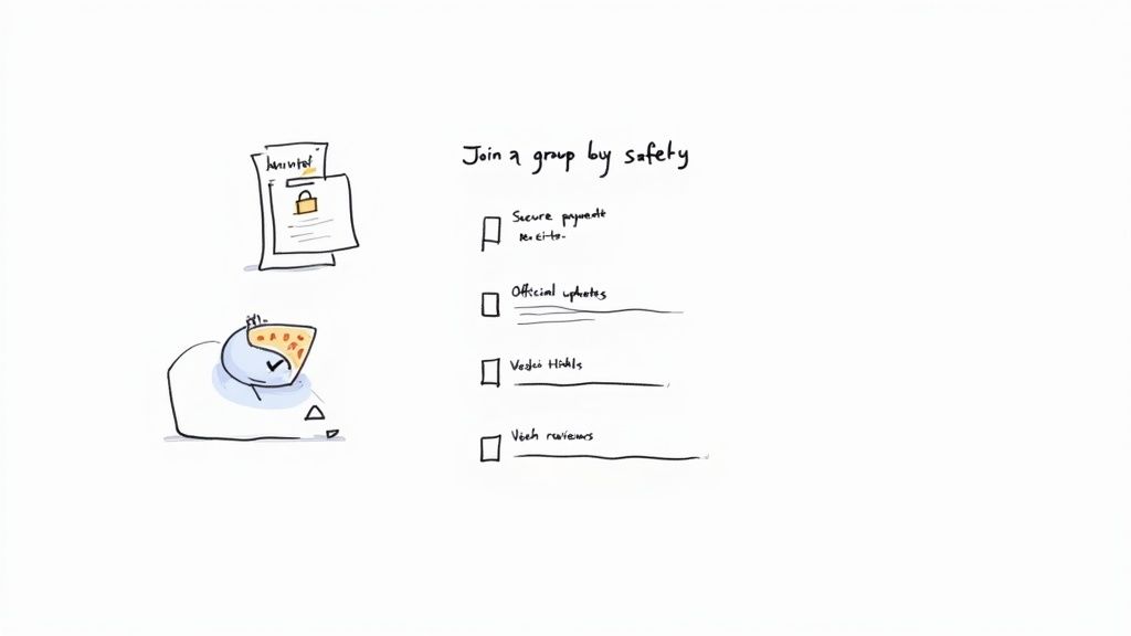 A person using a magnifying glass to inspect a digital lock, symbolizing online safety.