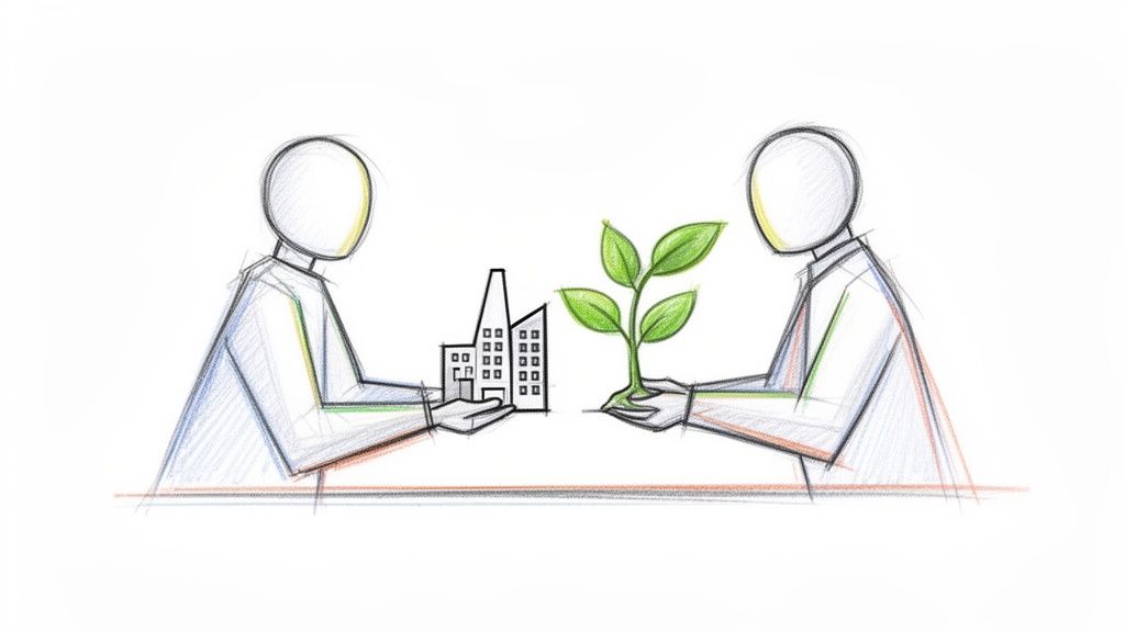 A drawing of two individuals, one holding a factory building, the other a green plant.