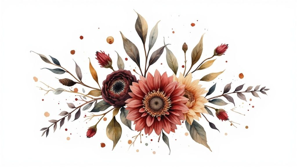 Autumnal watercolor floral arrangement featuring sunflowers, deep red flowers, and muted leafy branches on white.