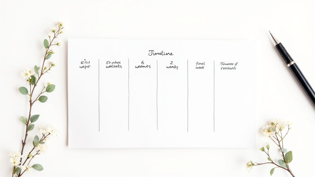 A handwritten 'Timeline' on white paper with multiple columns, surrounded by delicate white flowers and a pen.