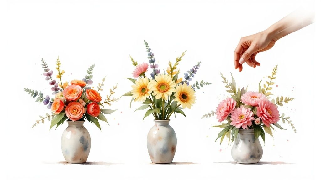 A beautiful, thoughtfully arranged bouquet with a mix of colors and textures in a stylish vase.