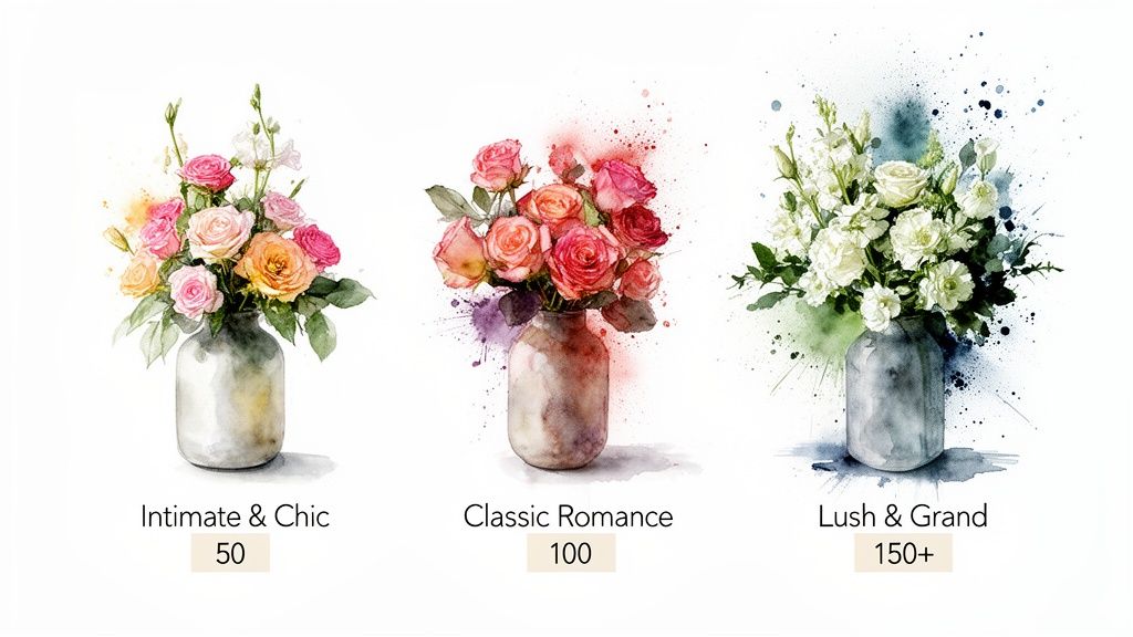 Three watercolor bouquets illustrating wedding flower styles: intimate, classic romance, and lush grand.