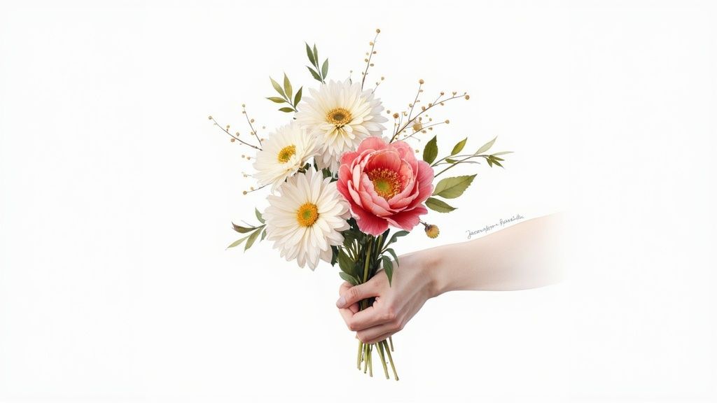 A hand holds a beautiful bouquet of white daisies and a vibrant pink peony against a white background.