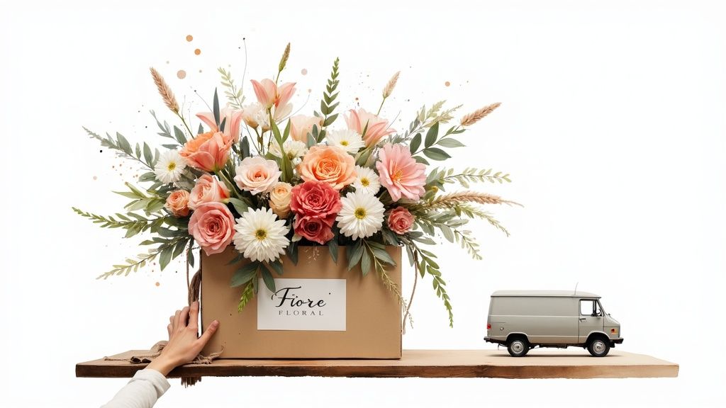 A florist's hands carefully arranging a colorful bouquet on a workbench.