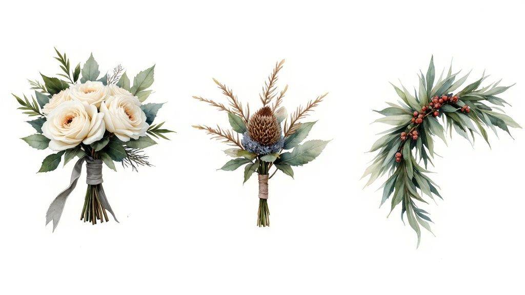 A bride holding a winter wedding bouquet with white flowers, pinecones, and velvet ribbon.