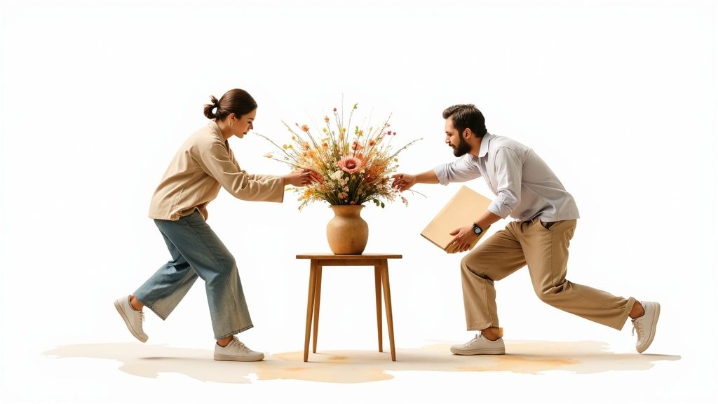A man and woman eagerly reach for a vibrant flower arrangement on a wooden table, the man holding a box.