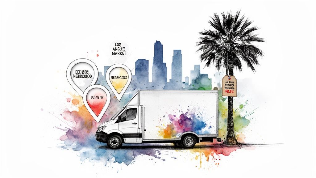 Watercolor illustration of a delivery truck, Los Angeles skyline, palm tree, and market analysis map pins.
