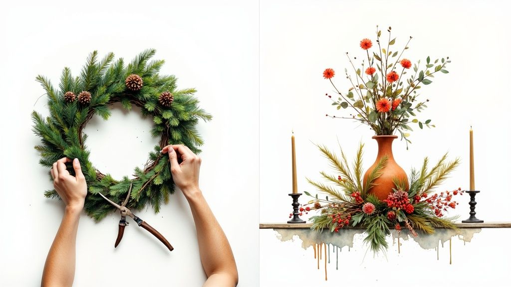 Two scenes showing holiday decor: a person crafting a pine wreath and a floral centerpiece with candles.