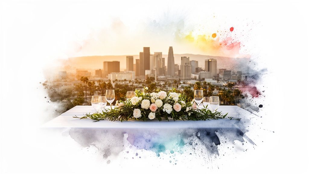 Elegant table setting with a white and pink rose centerpiece overlooking a city skyline at sunset.