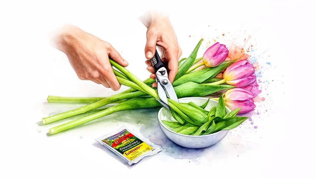 Hands trimming green tulip stems with clippers, preparing a fresh bouquet and using flower food.