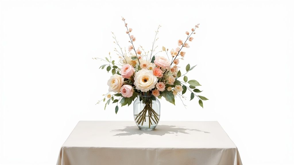 A stunning wedding centerpiece featuring white and light pink flowers on a beautifully set table.