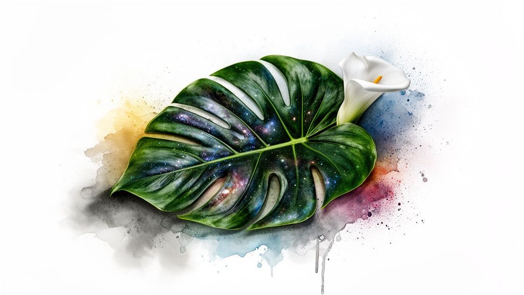 A surreal watercolor painting featuring a monstera leaf with a galaxy pattern and a delicate white calla lily.