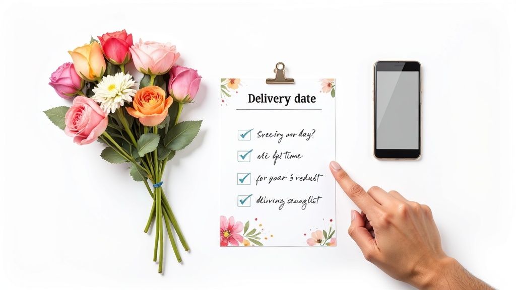A hand points to a 'Delivery date' checklist next to a vibrant bouquet of flowers and a smartphone.