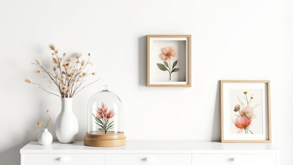 A beautiful preserved wedding bouquet displayed under a glass dome on a wooden table.