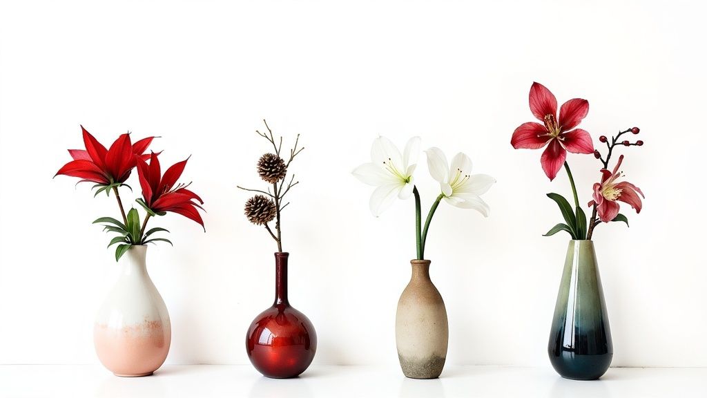 Four elegant vases with red, white, and pinecone floral arrangements on a clean white background.