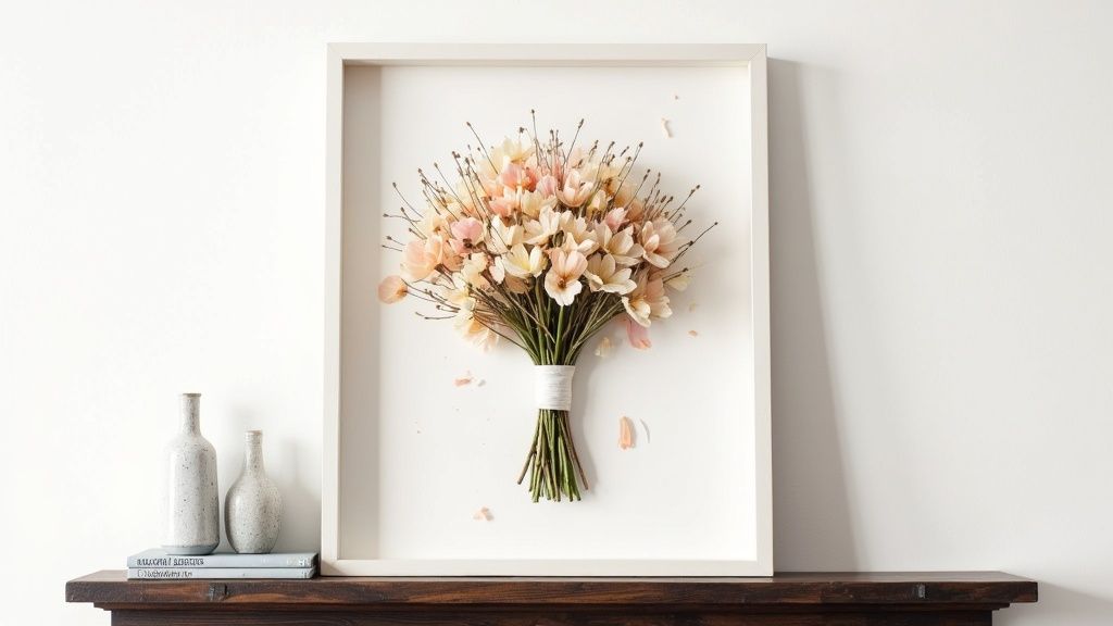 A preserved wedding bouquet artfully displayed in a gold frame.