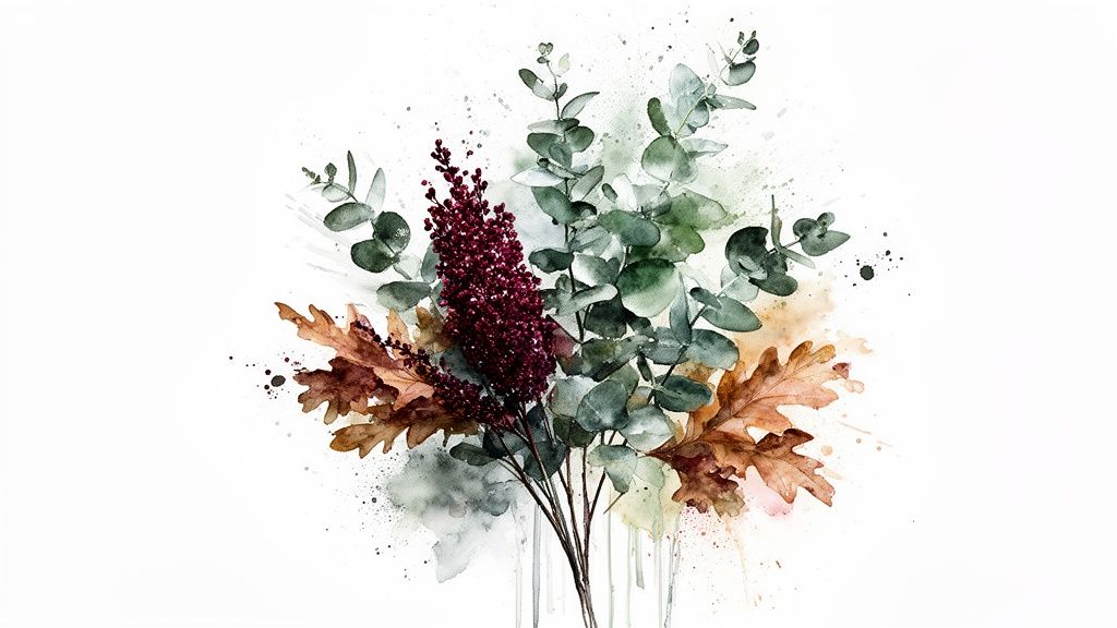 A watercolor painting of an autumn bouquet with eucalyptus, deep red berries, and fall leaves.