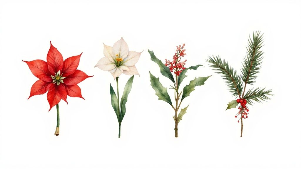 Four watercolor illustrations of Christmas botanicals, featuring a red poinsettia, white flower, red berries, and pine needles.