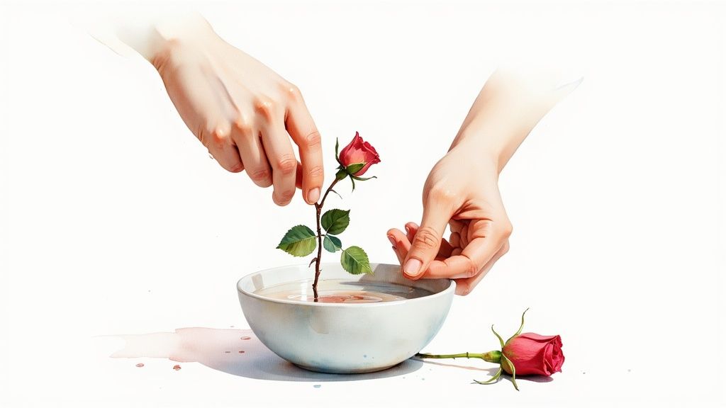 A wilting rose next to a vibrant one, showing a common flower problem