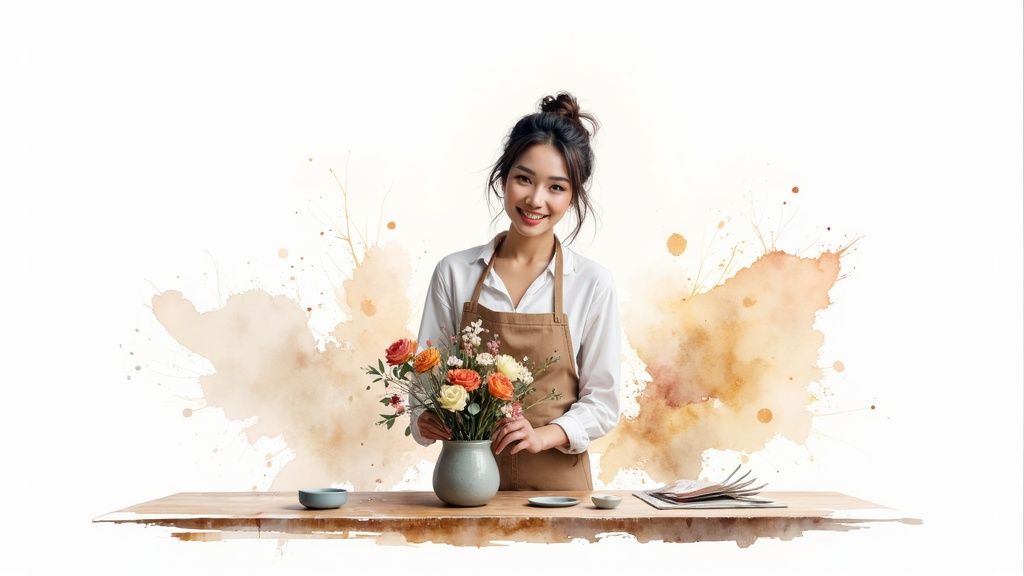 A floral artist carefully crafting a beautiful bouquet