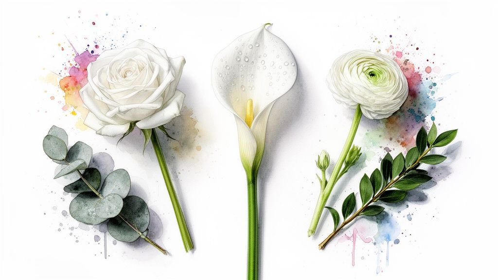Three white flowers: a rose, a calla lily, and a ranunculus, with green foliage and watercolor splashes.