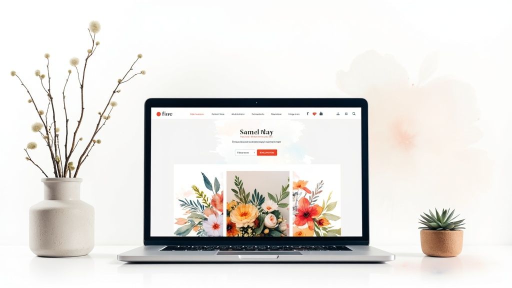 A person's hands arranging a vibrant bouquet of flowers on a wooden table.