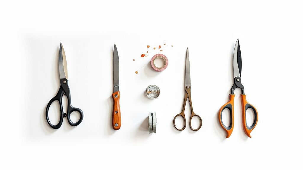A top-down flat lay of various crafting tools including scissors, a knife, and tape on a white background.