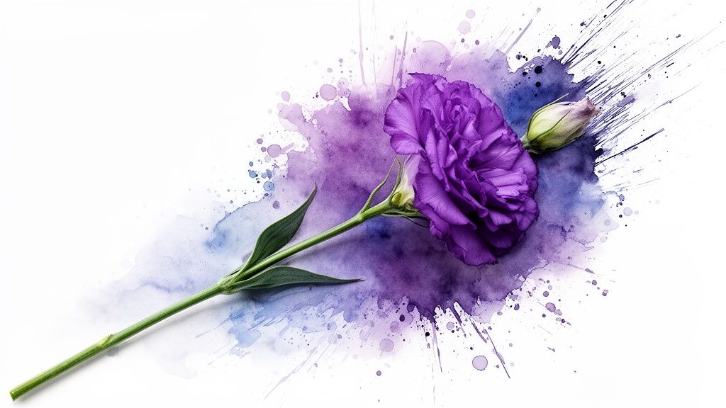 A vibrant purple flower with a green stem and bud, set against artistic purple and blue watercolor splashes.