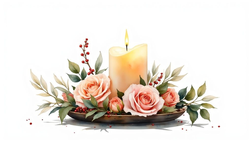 Elegant candle centerpiece with peach roses, red berries, and greenery on bronze tray