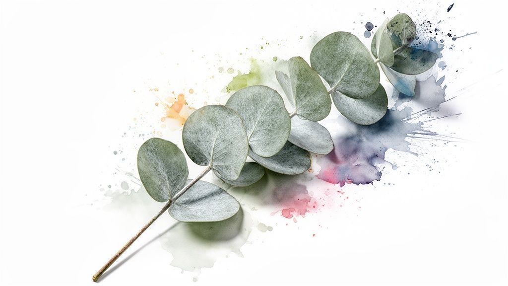 A eucalyptus branch with green leaves lays on a white background with colorful watercolor splashes.