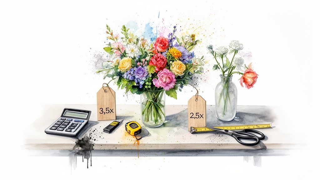 A watercolor illustration of two floral arrangements with price tags, a calculator, and measuring tools on a table.