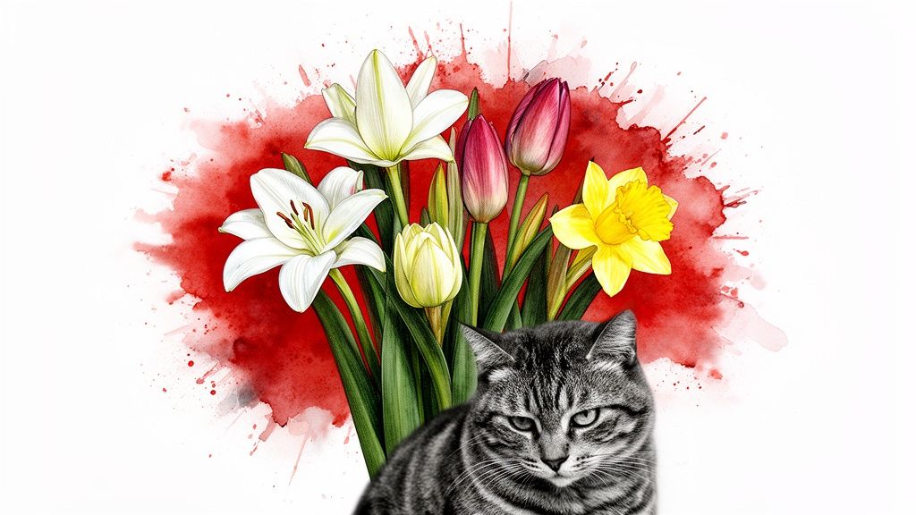 A grey tabby cat sits in front of a colorful watercolor bouquet of lilies, tulips, and a daffodil.
