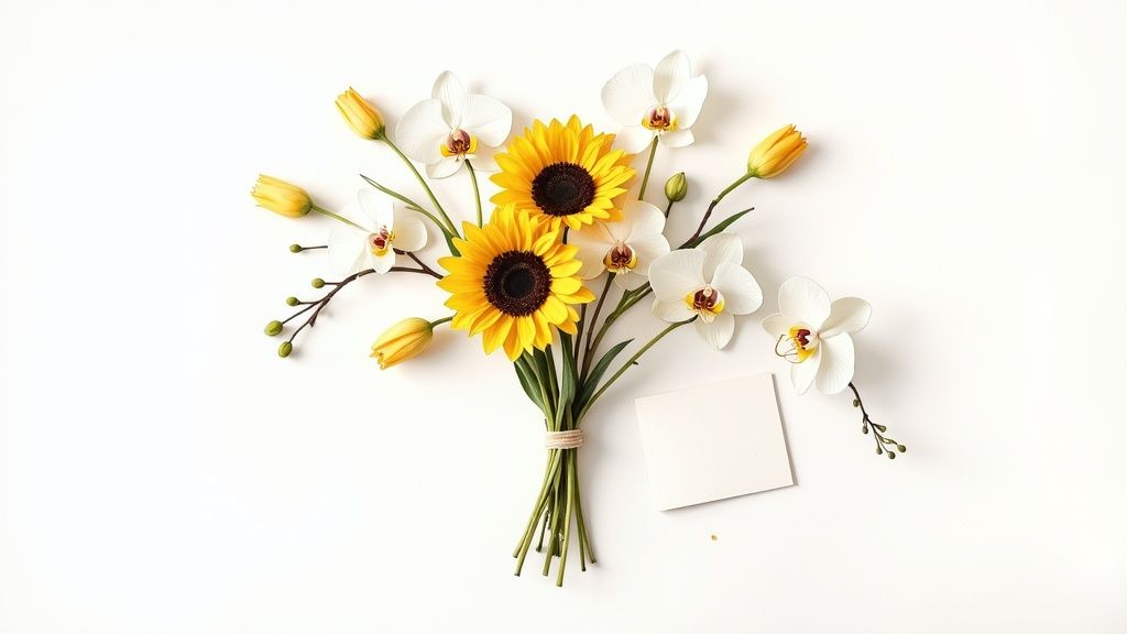 Top-down view of a vibrant bouquet of sunflowers, white orchids, and yellow flower buds on a white background.