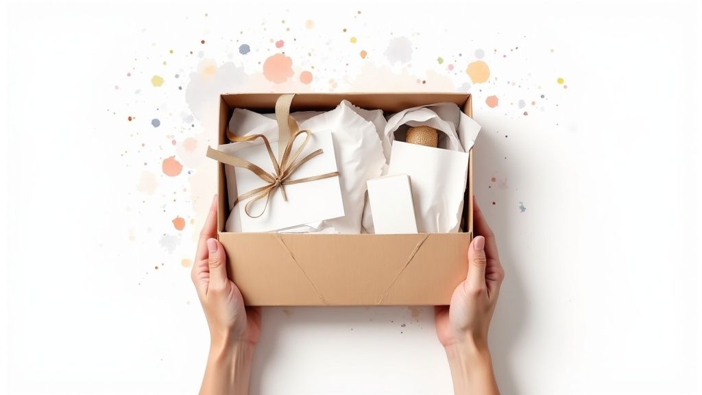 A person carefully placing a gift into a branded box with tissue paper