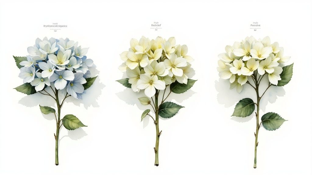 Three watercolor hydrangea flowers in white and blue shades showing different bloom varieties