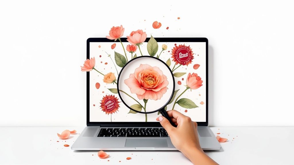 A florist carefully inspecting the vibrant petals of a pink rose in a bouquet.