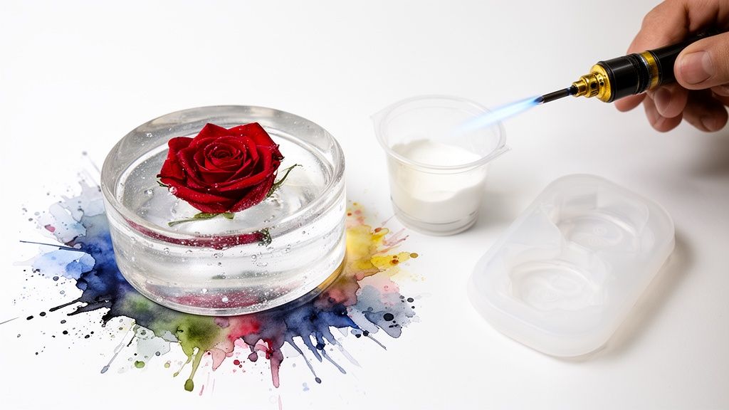 A red rose is preserved in clear resin, next to a mold, white powder, and a torch removing bubbles.