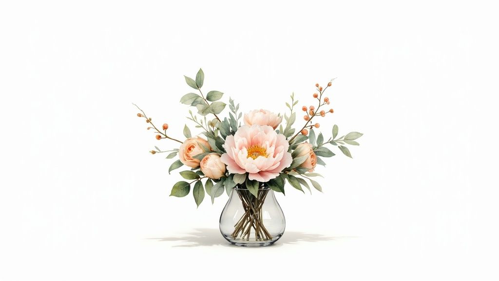 A beautiful watercolor bouquet of pink peonies, roses, and green leaves in a clear glass vase on a white background.
