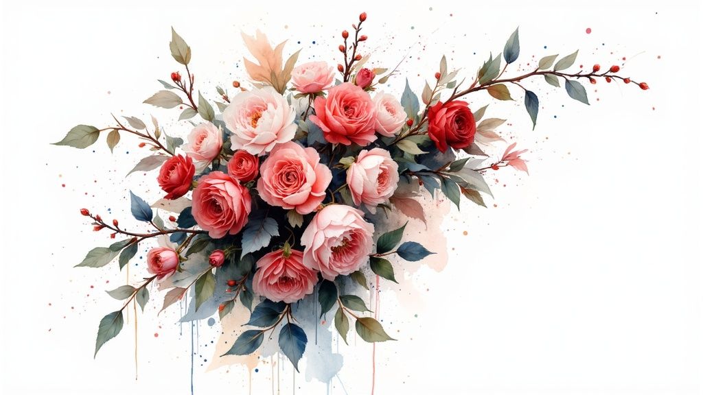 A vibrant watercolor bouquet featuring pink and red roses with green leaves on a white background.