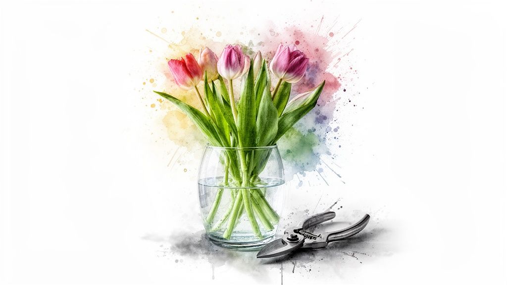 Vibrant pink and red tulips in a glass vase with pruning shears, featuring watercolor splashes.