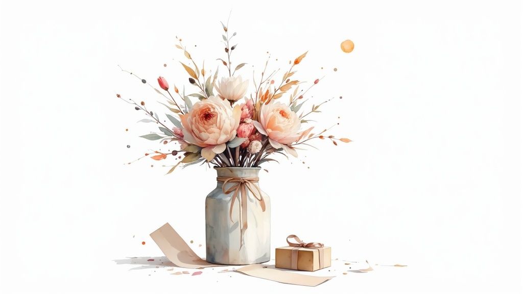 A close-up of a vibrant, personalized flower arrangement being held by a florist, showcasing a mix of textures and colors.